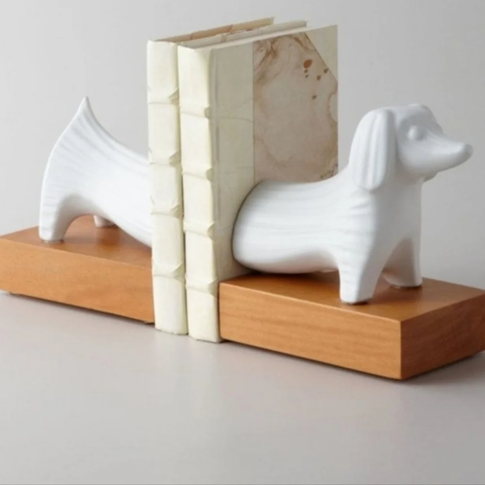 JONATHAN ADLER RARE White Ceramic Dachshund Dog Bookends on Wood Bases